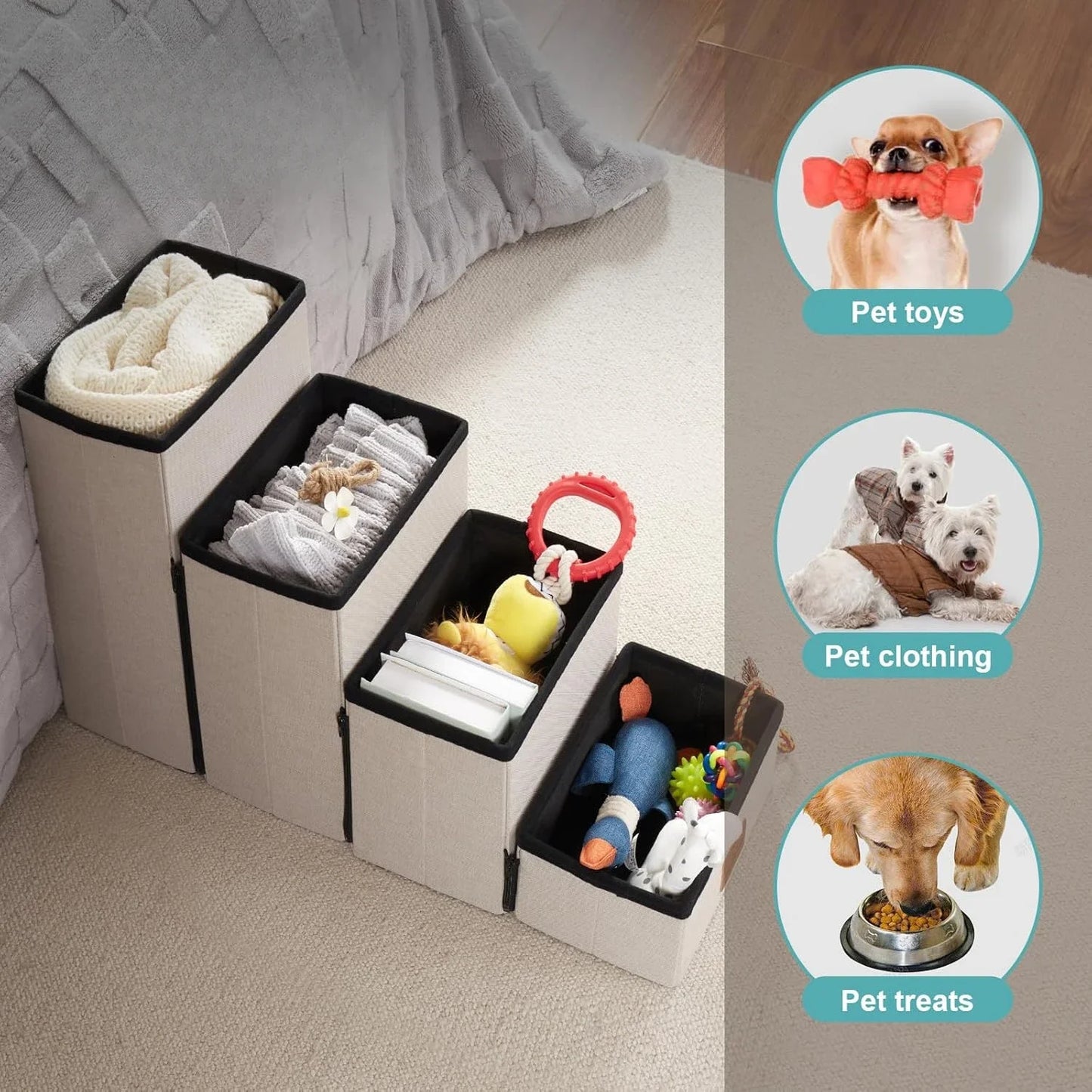 Dog Stair for Small Dogs with Storage, Foldable Pet Step with Soft Covert