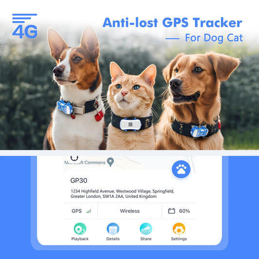 ‌4G Dog Cat GPS Tracker for Pets - Waterproof Smart Locator with App, Live Tracking & Light/Sound Search, Free Trial Included