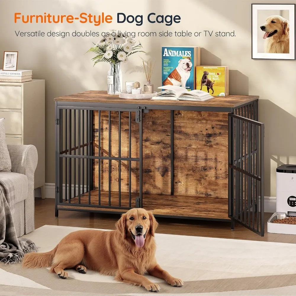 46.5" Large Dog Crate Furniture, Wooden Dog Kennel Indoor